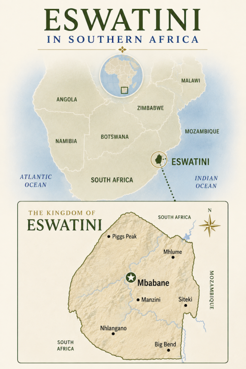 Map of Eswatini inset in South Africa